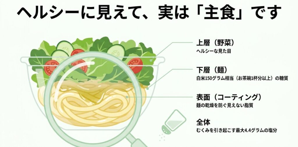 パスタサラダはヘルシーに見えて、お茶碗1杯分以上の糖質や見えない脂質、むくみを引き起こす塩分が含まれており実は主食級であるという解説。