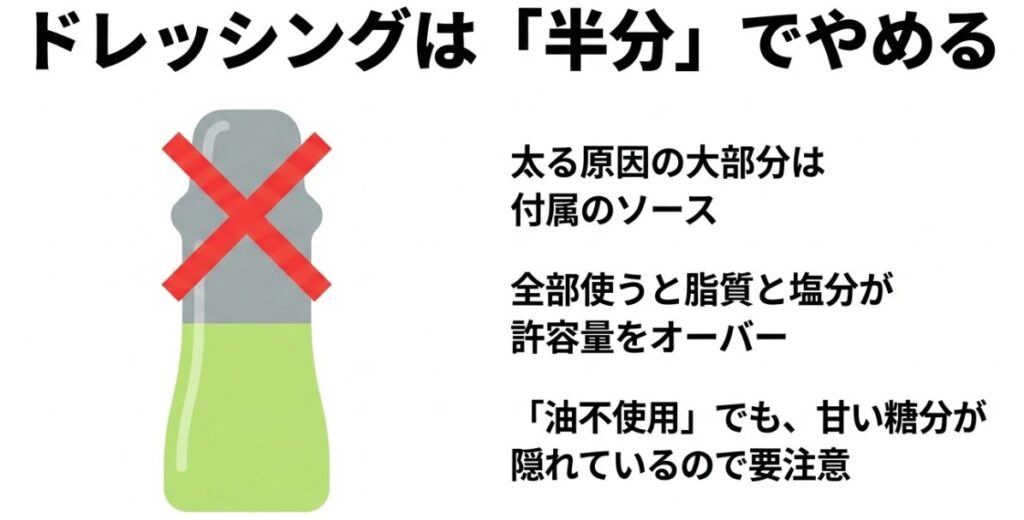 パスタサラダが太る原因である付属のドレッシングは、脂質と塩分の摂りすぎを防ぐために半分でやめるべきという注意喚起。