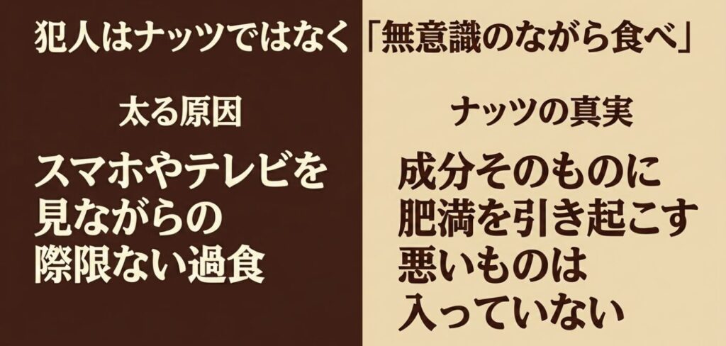 ピーカンナッツ：犯人はナッツではなく無意識のながら食べ。成分そのものに肥満を引き起こす悪いものは入っておらず、スマホやテレビを見ながらの際限ない過食が太る原因