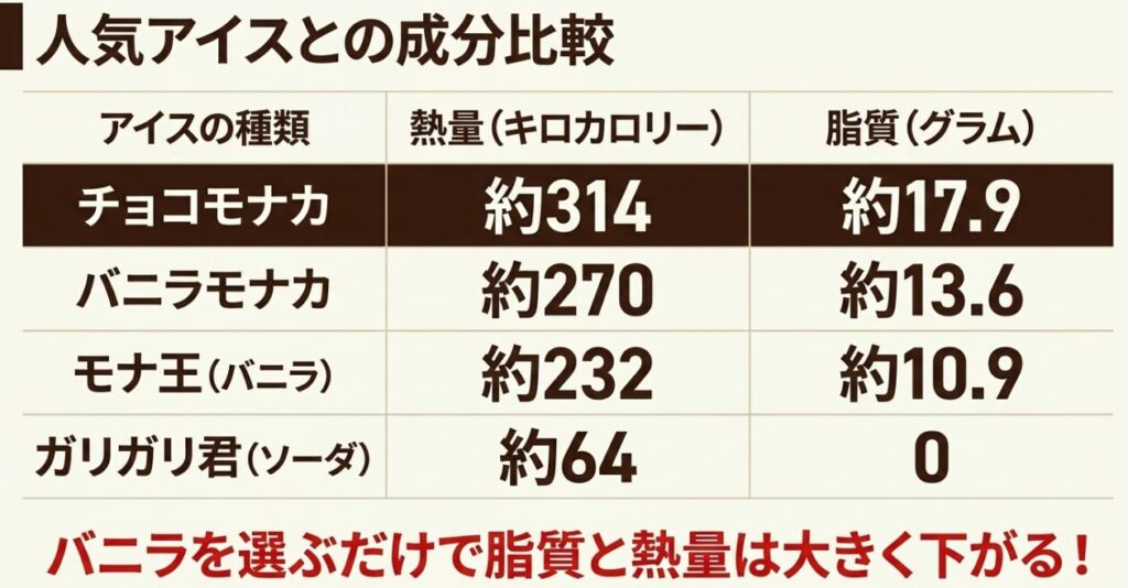 チョコモナカジャンボ、バニラモナカジャンボ、モナ王、ガリガリ君の熱量と脂質の比較表。バニラを選ぶだけで脂質と熱量は大きく下がる。