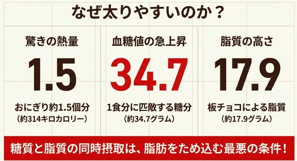 チョコモナカジャンボが太りやすい理由は、おにぎり約1.5個分に相当する熱量、1食分に匹敵する糖分、板チョコによる脂質の高さにある。