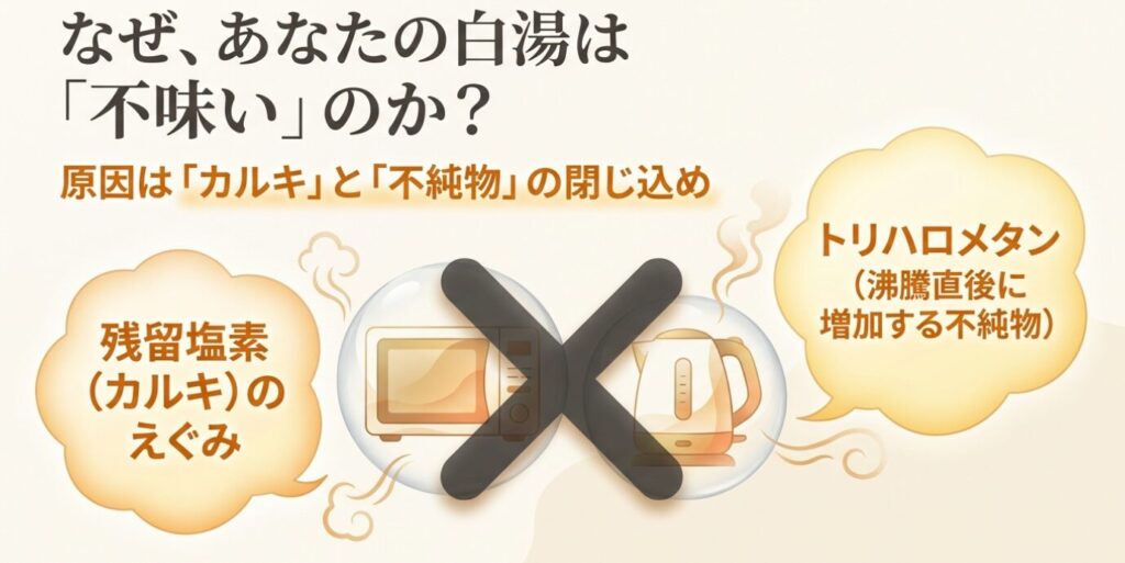 白湯が不味い原因はカルキのえぐみとトリハロメタンなど不純物の閉じ込め