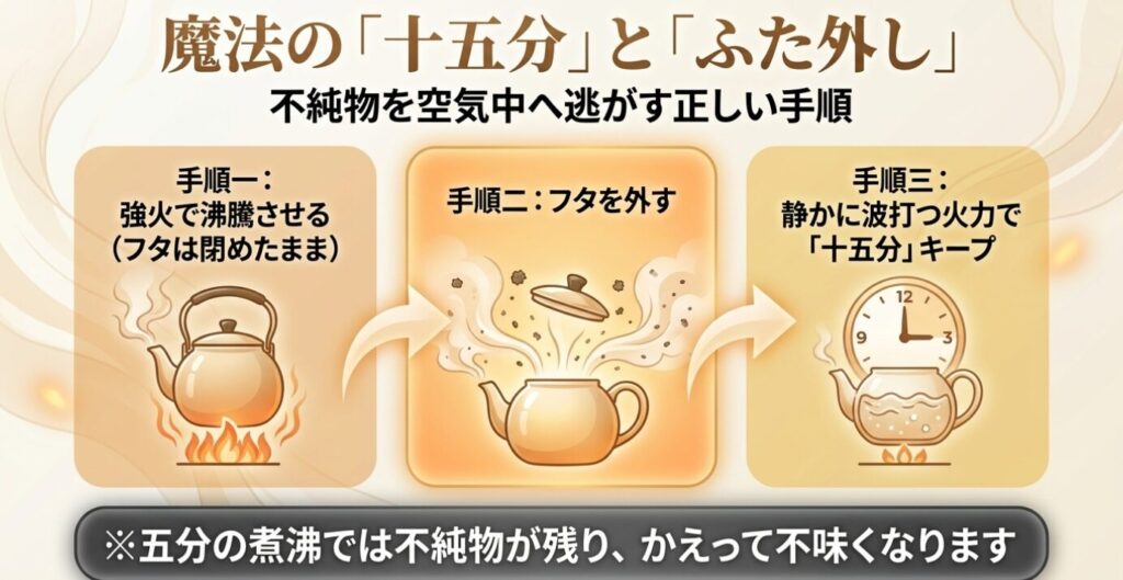 白湯:やかんで不純物を空気中へ逃がす正しい手順。強火で沸騰させ、フタを外して静かに波打つ火力で15分キープ