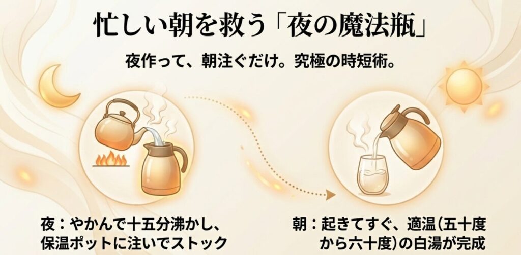 白湯:忙しい朝を救う究極の時短術。夜作って保温ポットにストックし、朝注ぐだけの魔法瓶活用法