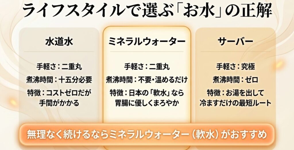 白湯:ライフスタイルで選ぶお水の正解。水道水、ミネラルウォーター、ウォーターサーバーの特徴比較