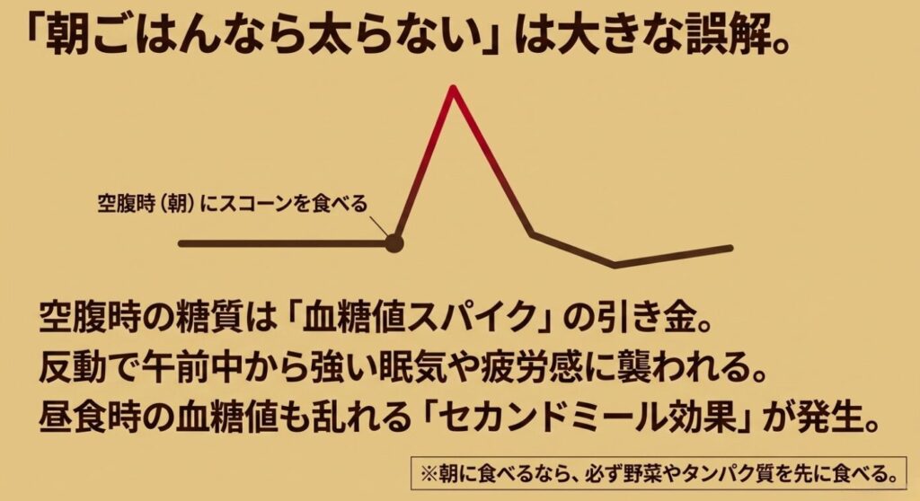 空腹の朝にスコーンを食べることで血糖値スパイクやセカンドミール効果が発生し、眠気や疲労感、その後の血糖値の乱れにつながるリスクをまとめた図。