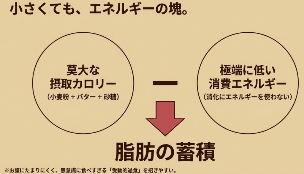 スコーン：莫大な摂取カロリーと極端に低い消費エネルギーの差が脂肪の蓄積につながり、お腹にたまらず受動的過食を招きやすいことを示す図。
