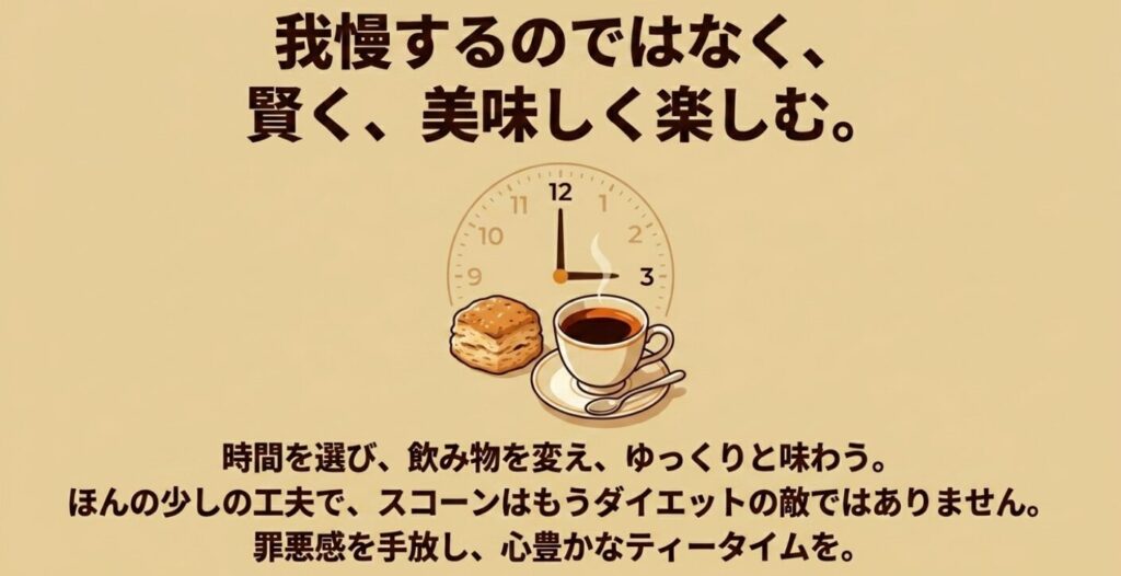 時間を選び、飲み物を変え、ゆっくり味わうことで、スコーンをダイエットの敵にせず罪悪感なく楽しむためのメッセージが書かれたまとめイラスト。
