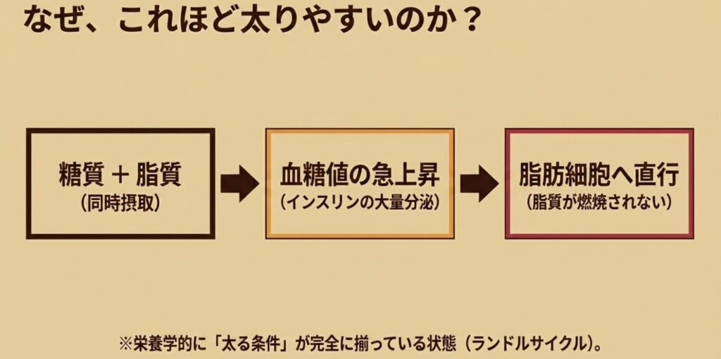 スコーン：糖質と脂質の同時摂取によって血糖値が急上昇し、インスリンが大量分泌されて脂質が燃焼されず脂肪細胞へ運ばれるランドルサイクルを説明する図。