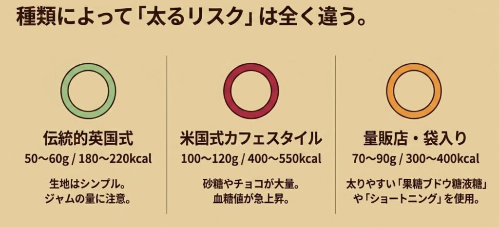 伝統的英国式、米国式カフェスタイル、量販店・袋入りの3種類におけるスコーンの重量、推定カロリー、特徴や注意点を比較した表。
