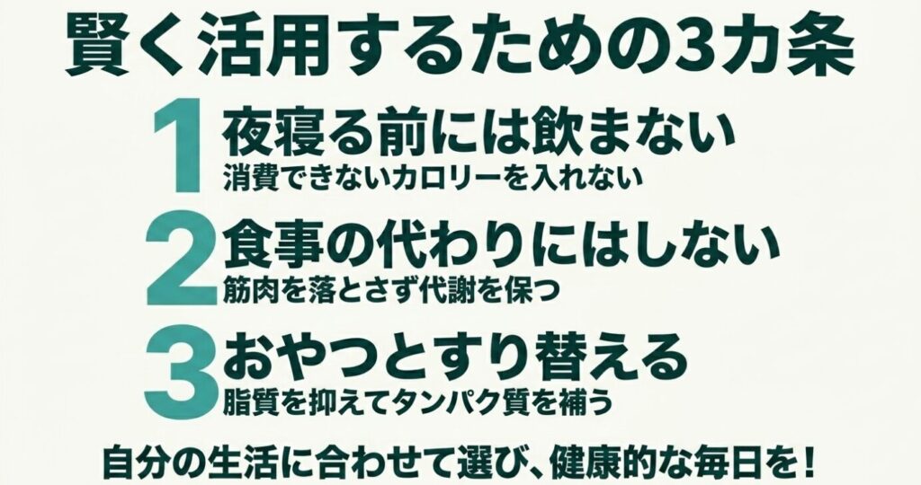 inゼリー：ゼリー飲料を賢く活用するための3カ条。 1.消費できないカロリーを入れない、2.食事の代わりにはしない、3.脂質を抑えてタンパク質を補う、というルールを提示している。