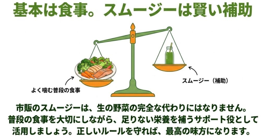 野菜生活スムージー:基本はよく噛む普段の食事であり、スムージーは賢い補助として活用する天秤の図解