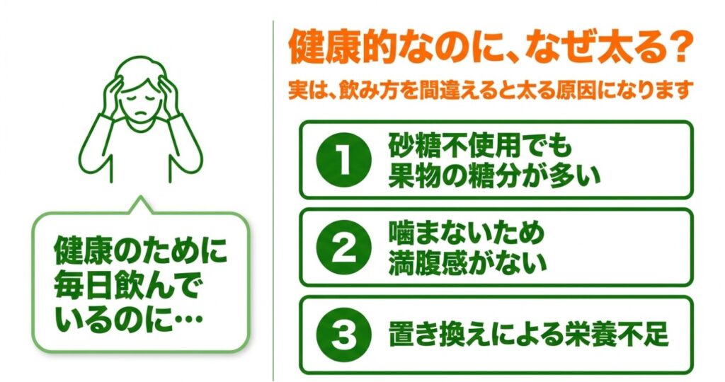 野菜生活スムージー:1.果物の糖分が多い、2.噛まないため満腹感がない、3.置き換えによる栄養不足で太る原因になる