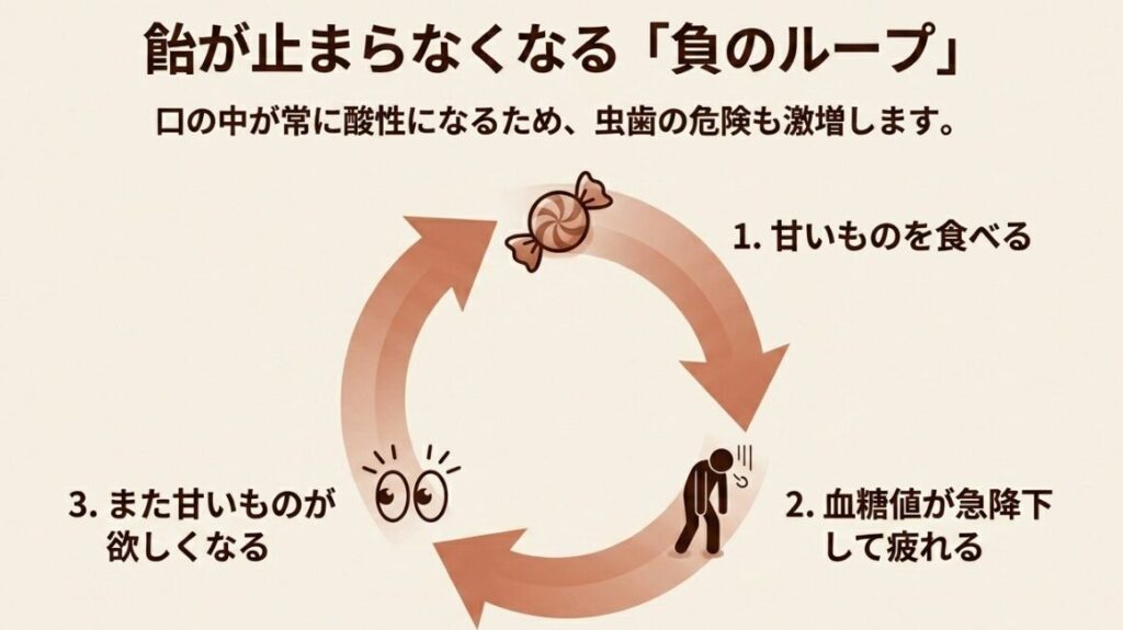 黒糖飴：甘いものを食べることで血糖値が急降下し、さらに甘いものが欲しくなる負のループとむし歯のリスクを示す図