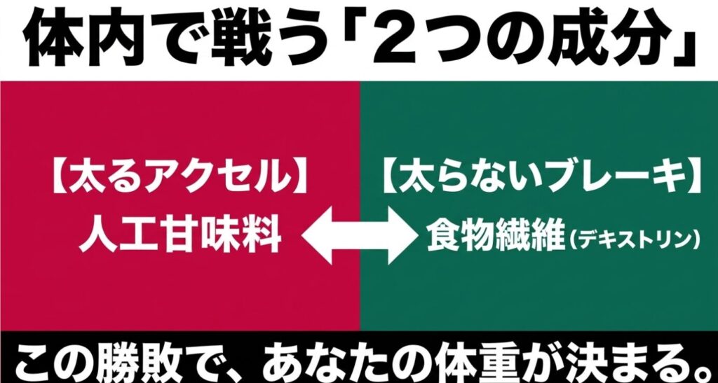 ゼロサイダートリプル：体内で太るアクセルとなる人工甘味料と、太らないブレーキとなる食物繊維（デキストリン）の対比