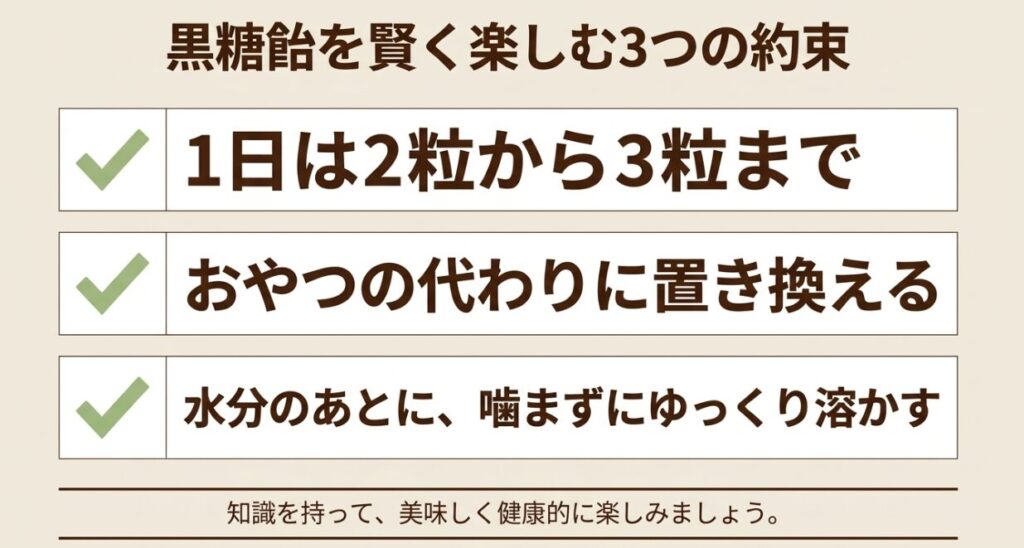 1日の適正量、おやつとの置き換え、ゆっくり溶かして食べることなど、黒糖飴で太る不安を解消する3つの習慣のまとめ