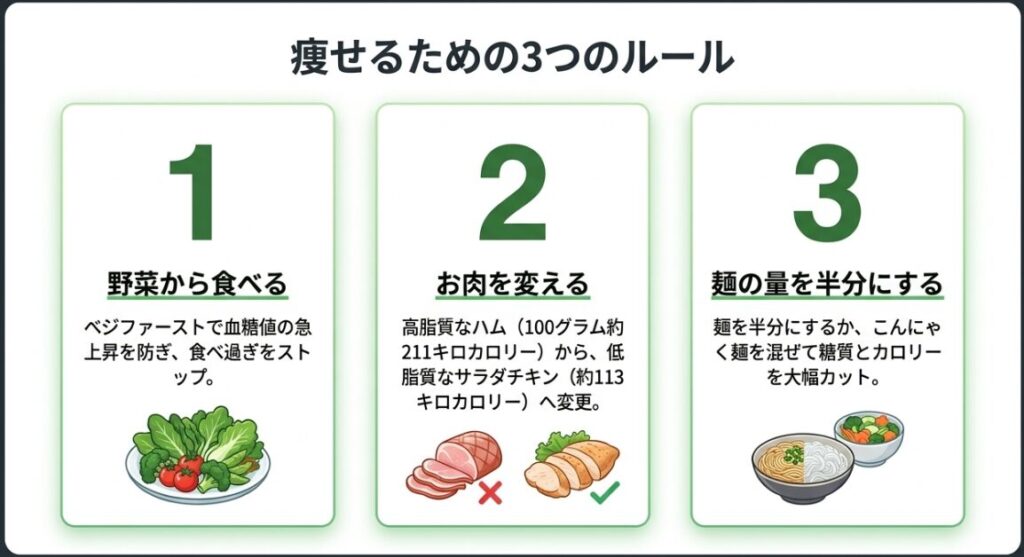 野菜から食べるベジファースト、高脂質なお肉の変更、麺の量を半分にするといった、冷やし中華で痩せるための3つのルールをまとめたスライド