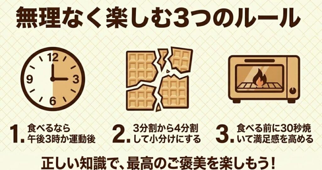 チョコモナカジャンボ：無理なく楽しむ3つのルール：1.午後3時か運動後に食べる。2.3分割から4分割する。3.食べる前に30秒焼いて満足感を高める。