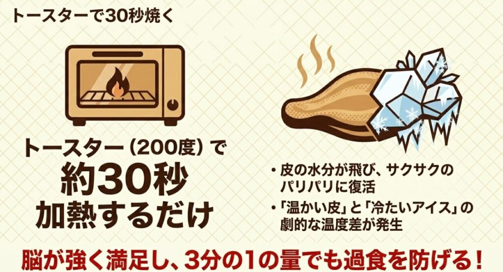 チョコモナカジャンボ：200度のトースターで約30秒加熱することで、皮がサクサクに復活し、温かさと冷たさの温度差で脳が強く満足し過食を防げる。