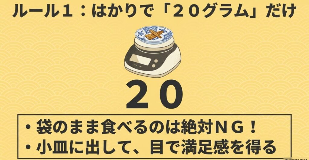 うなぎボーンを食べる際は袋のまま食べず、はかりで20グラムだけ小皿に出すルールの解説