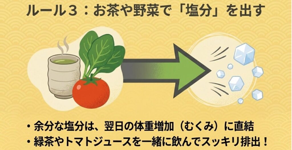 うなぎボーン：翌日の体重増加（むくみ）を防ぐため、緑茶やトマトジュースを一緒に飲んで塩分を排出するルールの解説