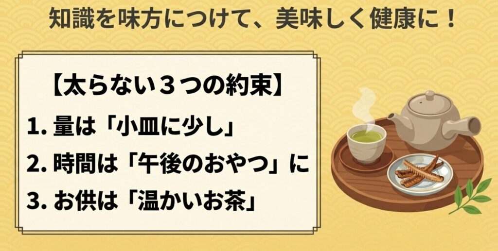 うなぎボーン：量は小皿に少し、時間は午後のおやつに、お供は温かいお茶とする、太らない3つの約束