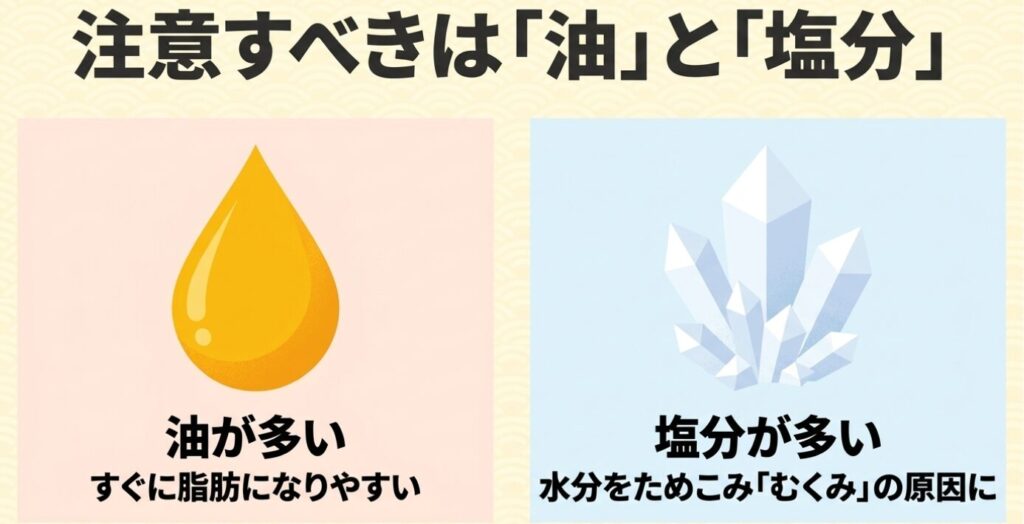 うなぎボーンは油が多く脂肪になりやすい点と、塩分が多くむくみの原因になる点についての解説
