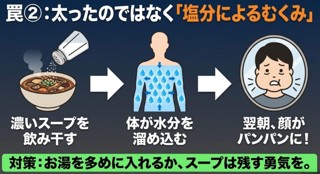 濃い春雨スープを飲み干すと体が水分を溜め込み、翌朝に顔がパンパンにむくむメカニズムと、お湯を多めに入れるかスープを残す対策を説明するスライド画像。