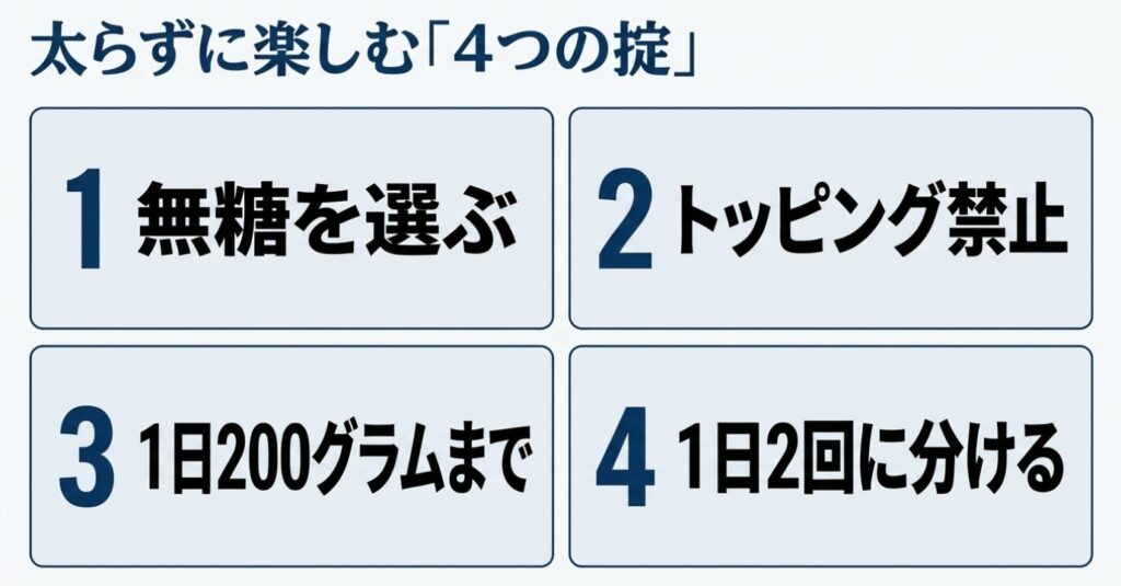 無糖を選ぶ、トッピング禁止、1日200グラムまで、1日2回に分けるという、湯田ヨーグルトで太らないための4つのルールのスライド