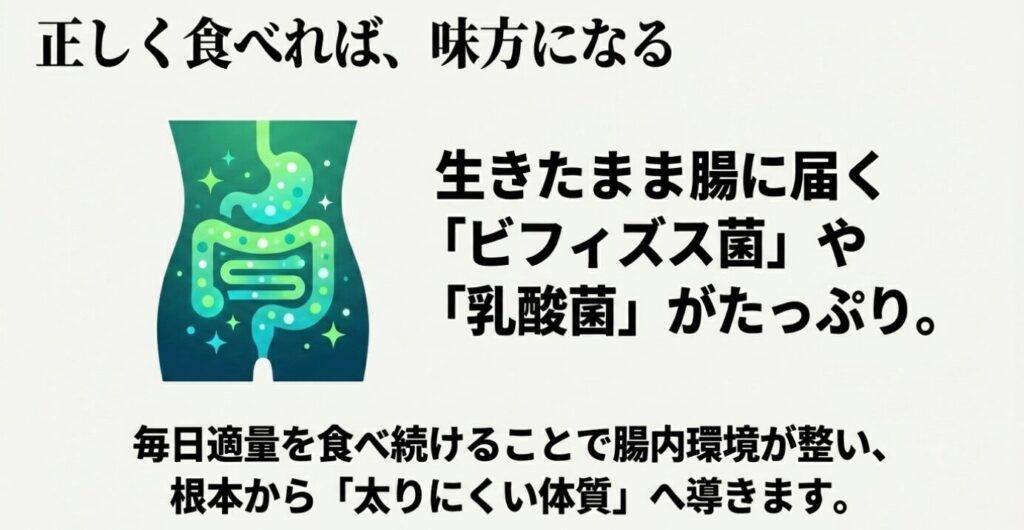 湯田ヨーグルト：生きたまま腸に届くビフィズス菌や乳酸菌がたっぷりで、毎日適量を食べ続けることで太りにくい体質へ導く効果を説明するスライド
