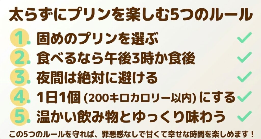 太らずにプリンを楽しむ5つのルール。1.固めのプリンを選ぶ、2.食べるなら午後3時か食後、3.夜間は絶対に避ける、4.1日1個（200kcal以内）にする、5.温かい飲み物とゆっくり味わう。