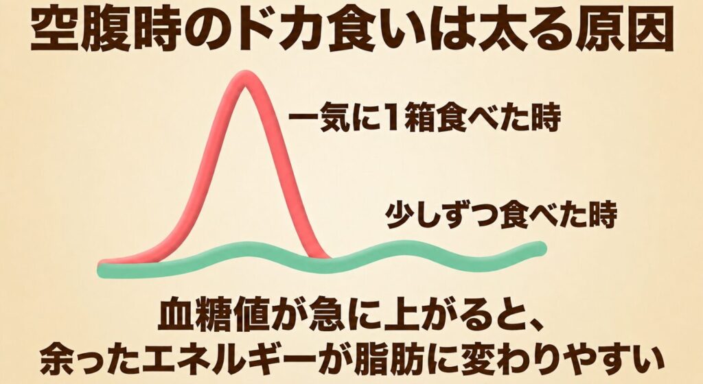 アーモンドチョコを一気に食べた場合と少量ずつ食べた場合の血糖値変化を比較したグラフ