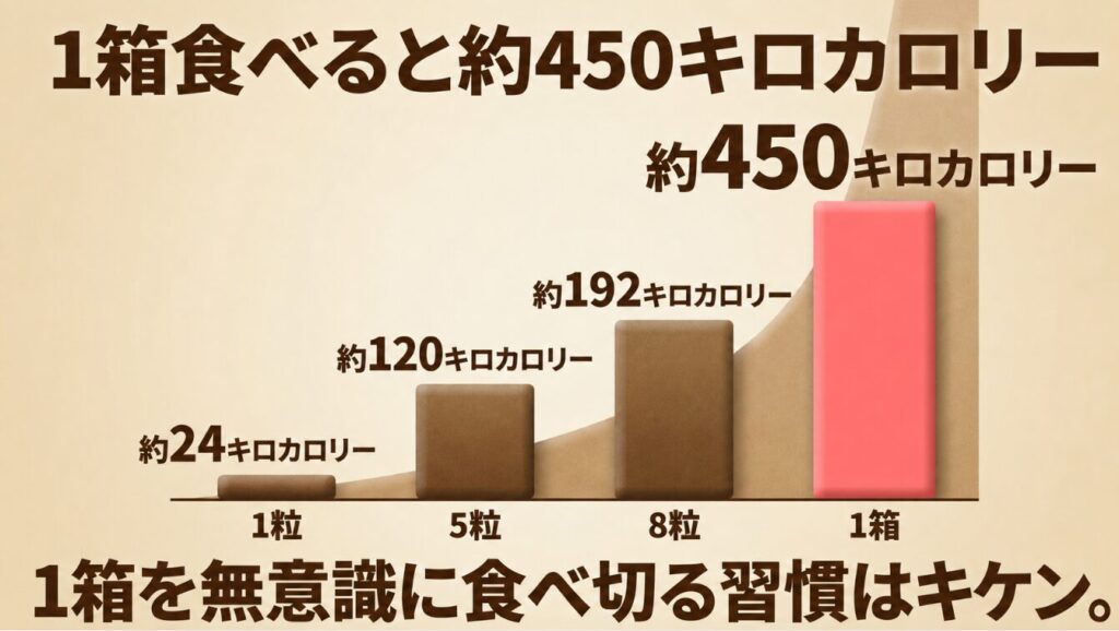 アーモンドチョコ1粒・5粒・8粒・1箱のカロリー目安を比較した棒グラフ