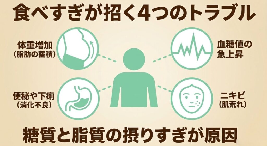 アーモンドチョコの食べ過ぎで起こりうる体重増加、血糖値上昇、便秘や下痢、ニキビを示した図