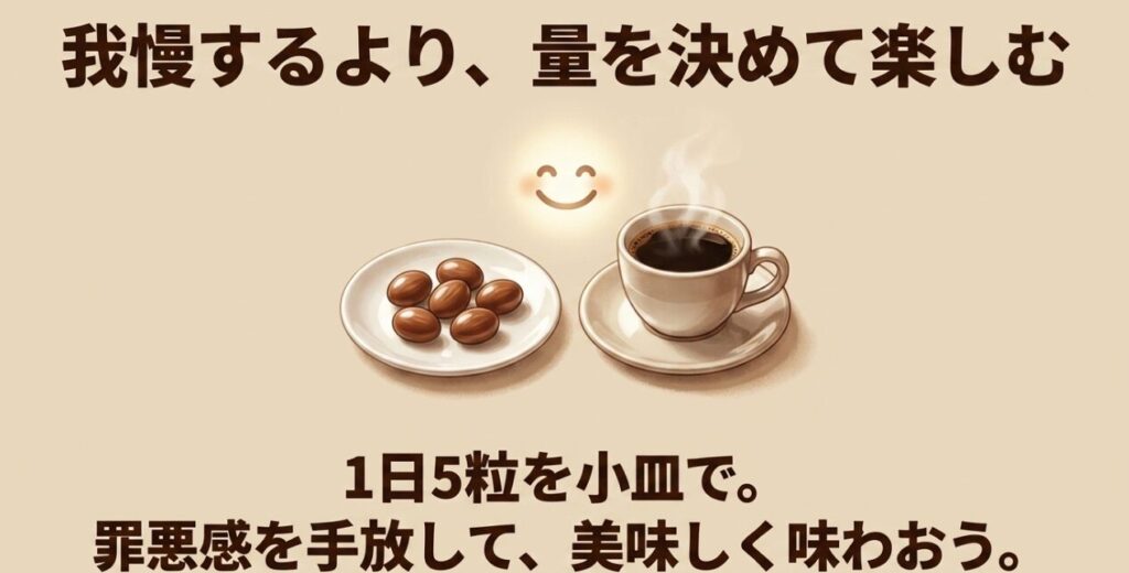 アーモンドチョコを1日5粒小皿に取り分け、罪悪感なく味わう方法を示したまとめスライド