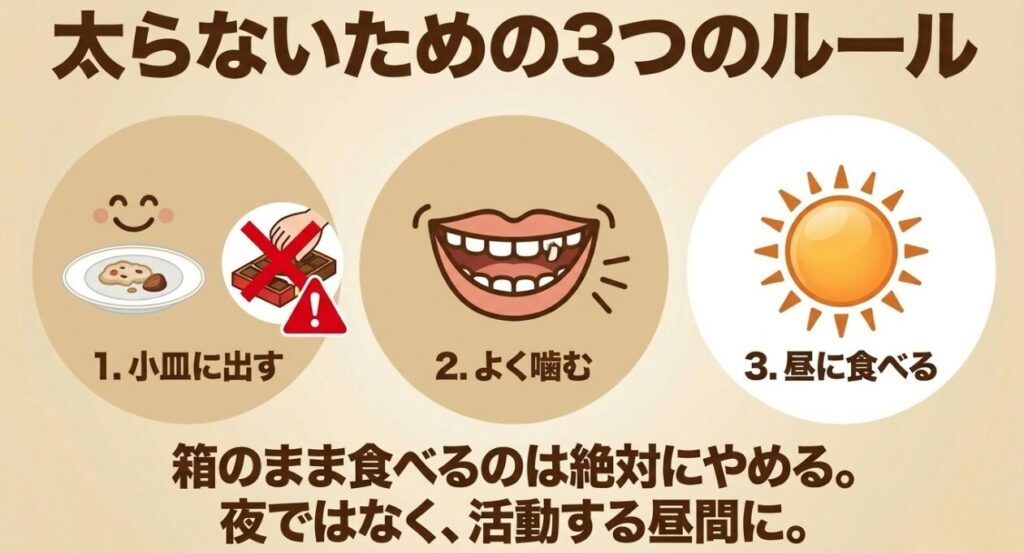 アーモンドチョコを小皿に出す、よく噛む、活動する時間帯に食べる3つのポイント
