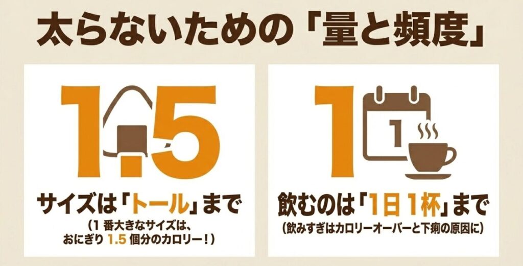 アーモンドミルクラテ:太らないための量と頻度。サイズはトールまで、飲むのは1日1杯までという目安を示した画像