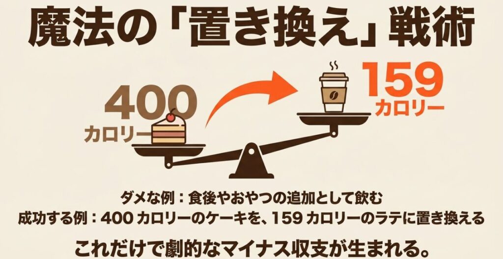アーモンドミルクラテ:魔法の置き換え戦術。400カロリーのケーキを159カロリーのラテに置き換える成功例を示した画像