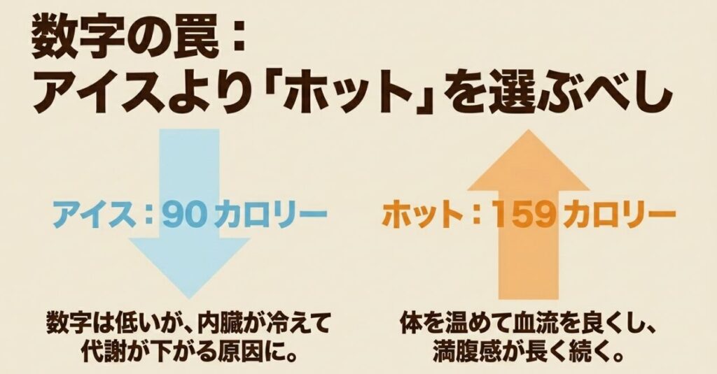アーモンドミルクラテ:数字の罠について。アイスよりホットを選ぶべし。内臓を冷やさず代謝を保ち、満腹感が長く続く理由を解説した画像