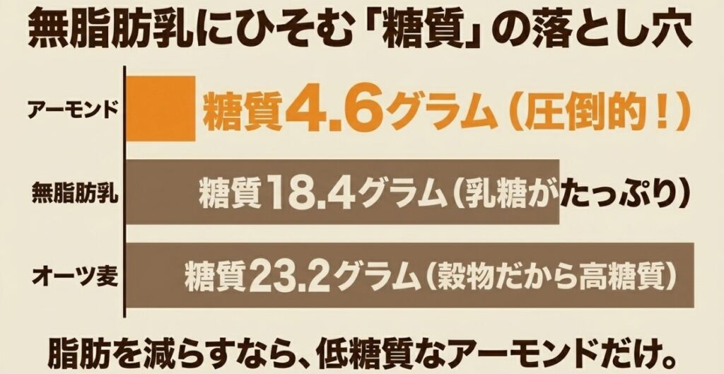 無脂肪乳にひそむ糖質の落とし穴。アーモンドミルクと無脂肪乳、オーツ麦の糖質量を比較した画像