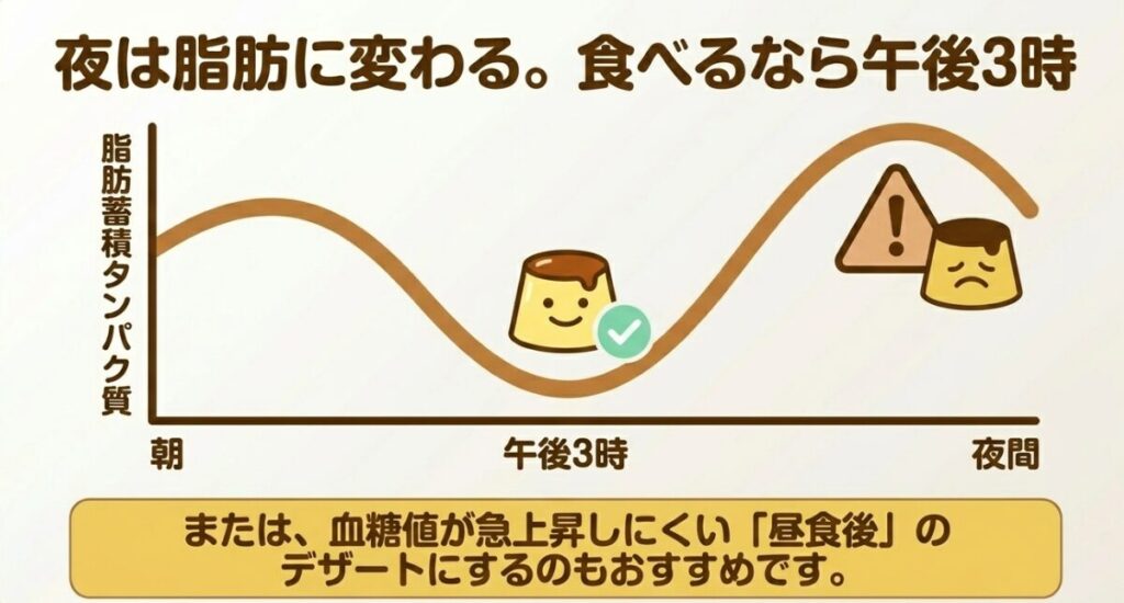 プリン：夜は脂肪に変わるため、食べるなら午後3時。または、血糖値が急上昇しにくい「昼食後」のデザートにするのもおすすめです。夜間は脂肪蓄積タンパク質が増えます。