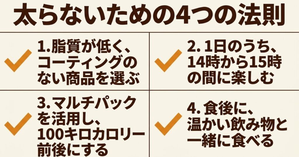 脂質の低い商品選び、14時から15時、100キロカロリー前後、食後と温かい飲み物という4つのルール