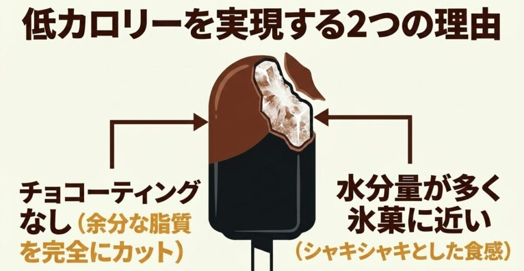 BLACKがチョレートコーティングなしで、水分量が多く氷菓に近いことを示す図