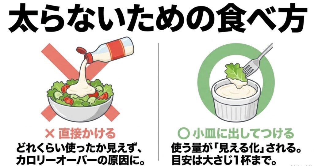 シーザードレッシングを直接サラダにかけず小皿に出してつける太りにくい食べ方の比較図