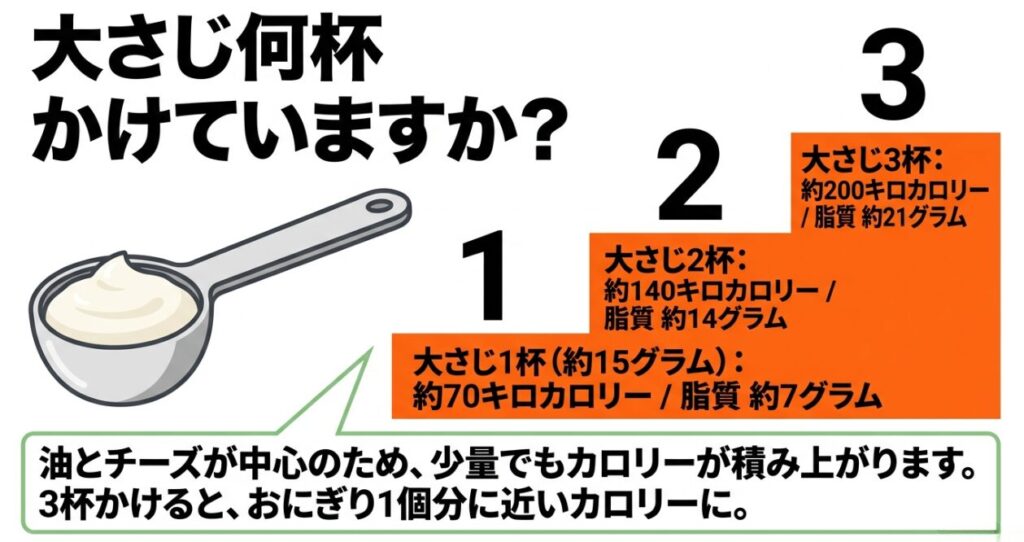 シーザードレッシング大さじ1杯は約70kcal、2杯は約140kcal、3杯は約200kcalになる目安を示した図