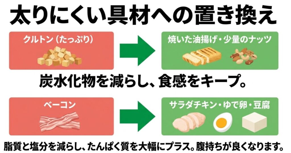 クルトンを油揚げやナッツに、ベーコンをサラダチキンや卵、豆腐に置き換える方法を示した図