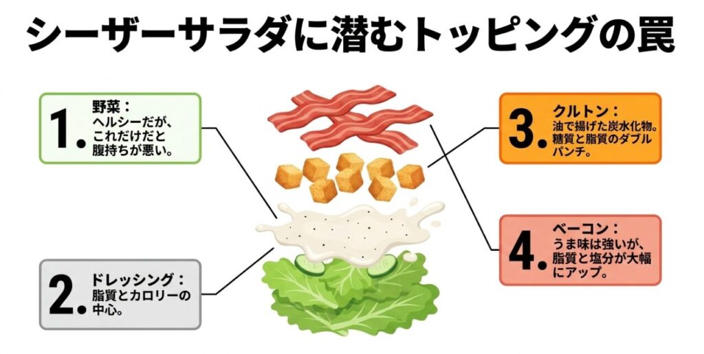 シーザーサラダの野菜、ドレッシング、クルトン、ベーコンがカロリーや脂質に与える影響を示した図