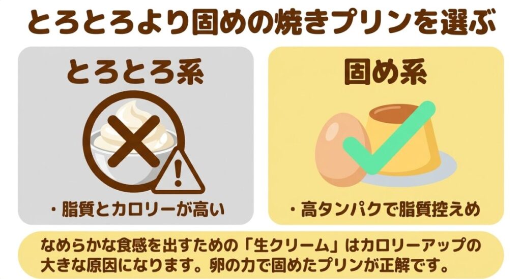 とろとろより固めの焼きプリンを選ぶ。とろとろ系は脂質とカロリーが高く、固め系は高タンパクで脂質控えめです。生クリームはカロリーアップの大きな原因になります。