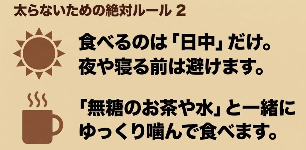 ココアピーナッツは日中に無糖のお茶や水と一緒にゆっくり食べると示すスライド