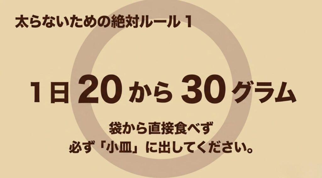 ココアピーナッツは一日20〜30gを目安に小皿へ取り分けると示すスライド